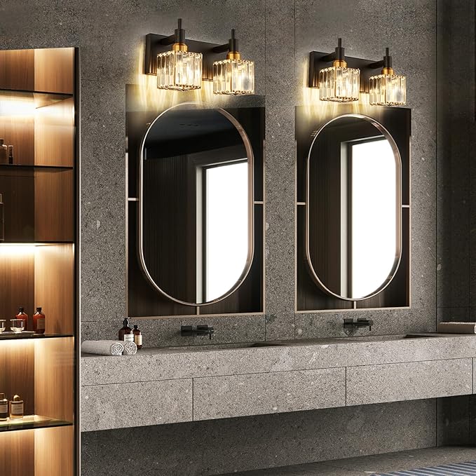 Modern Crystal Bathroom Vanity Light 2-Lights Black and Gold Bathroom Light Fixtures Over Mirror Bath Wall Sconce Lighting with Adjustment Angle