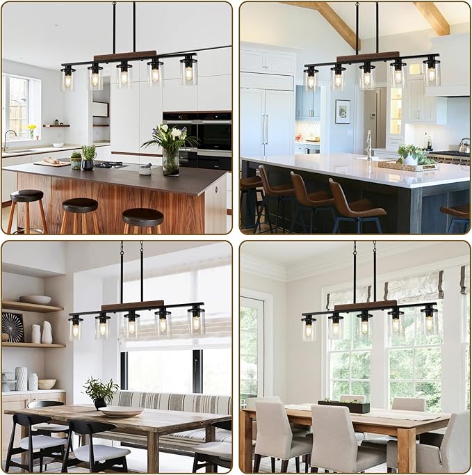 36.2‘’ Kitchen Lighting, 5-Light Dining Room Light Fixture Chandelier Over Table, Black Modern Rustic Wood Ceiling Pendant Light Fixtures, with Clear Glass Shade, Farmhouse Chandelier