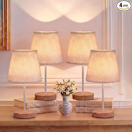 Gerrii 4 Pcs Small Bedside Table Lamp, Wooden Bedroom Tiny Lamp with Linen Shade, Mini Desk Night Light for Bedroom, Living Room, Kids Room Kitchen Counter (White)