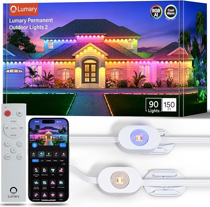 Lumary Permanent Outdoor Lights 2 with Remote, Slide-Base, 150ft with 90 RGBAICW LEDs 5400lm for House Daily & Accent Lighting, DIY 110+ Scene for Christmas Decor, Compatible with Alexa Google, White