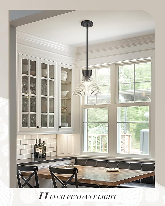 Black Pendant Light, HWH 1-Light 11-Inch Adjustable Hanging Light Fixture, Kitchen Pendant Light with Clear Striped Glass, Matte Black Finich, 5HZG108MIL BK