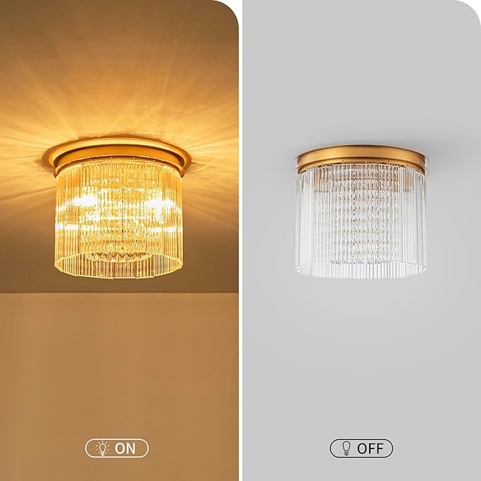 3-Light Drum Ripple Glass Ceiling Lights, Modern Style Flushmount Light Fixture for Kitchen, Bedroom, D12 * H10 inch, Ripple Glass Shade & Brass Finish Canopy
