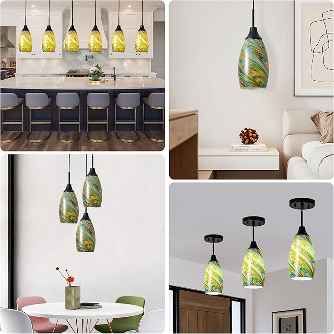 Viinew Mini Glass Pendant Light 4.72" Colorful Pattern Oval Pendant Lights 1-Pack Handblown Art Glass Hanging Pendant Light for Kitchen Island Dining Room Living Hallway Matte Black Metal