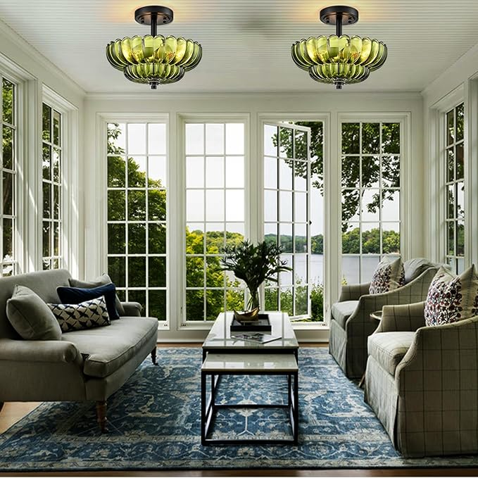 Semi Flush Mount Ceiling Light Fixture, Green Glass 3-Light Modern Vintage Ceiling Lights, Scalloped Close to Ceiling Light, Black Base Flush Mount Ceiling Light for Hallway Bedroom Entryway Kitchen