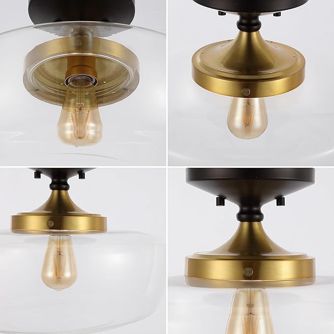 JONATHAN Y 14" Oil Rubbed Bronze/Brass Gold Modern Farmhouse LED Flush Mount Light Fixture, Clear Glass Shade, Rustic Industrial Schoolhouse Lamp for Kitchen Hallway Bedroom (JYL7517E)