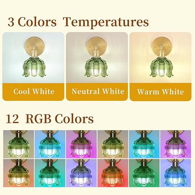 Wireless Wall Sconce with Flower lampshade, Battery Operated Wall Lights,Wall lamp with 15 Colors for Bedroom Living Room Home Decor (Green, 1 Light Battery Operated)