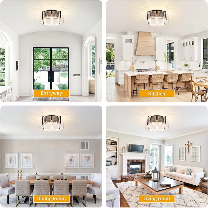 Modern 4-Light Flush Mount Ceiling Light with Hammered Glass Shade, Industrial Close to Ceiling Lighting Fixture in Matte Black for Hallway, Entryway, Bedroom, Kitchen, Dining Room, Living Room, Foyer
