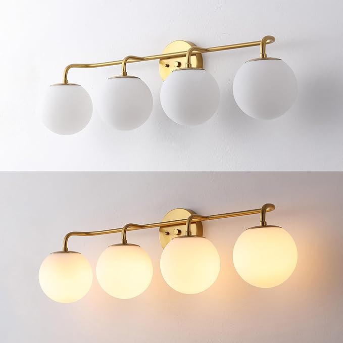 JONATHAN Y 31" Gold Painting Modern Globe Wall Sconce Vanity Light for Bathroom, White Frosted Glass Shade, Midcentury Parisian Bistro Wall Lamp, LED Bulb Included (JYL3558A)