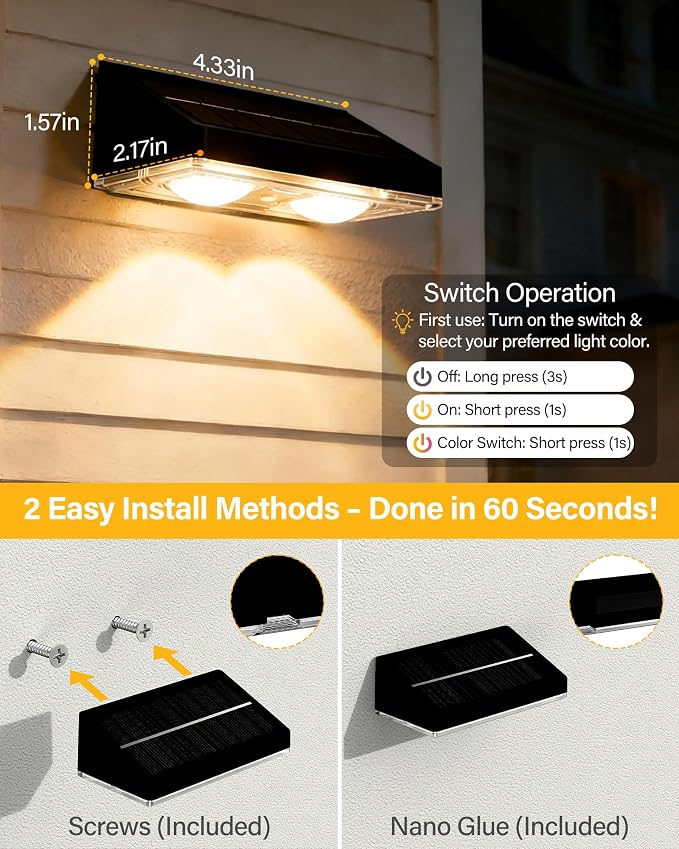 Solar Fence Lights Outdoor, 2 Pack Ultra-Bright 85LM Fence Lights Solar Powered, 9 RGB Color Modes, IP65 Waterproof, 12H Dusk to Dawn Glow for Pool/Deck/Patio/Wall/Backyard - Light Black