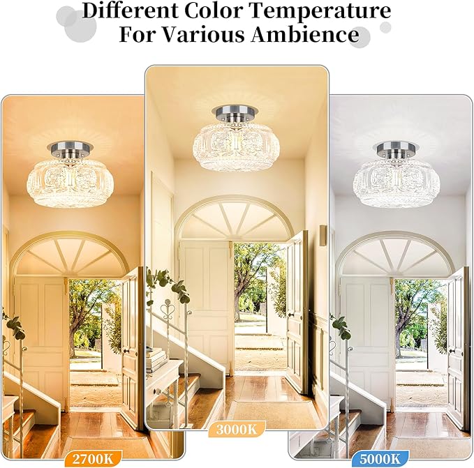 Semi Flush Mount Ceiling Light, Upgraded Larger Brushed Nickel Glass Ceiling Light Fixture, Vintage Lighting for Hallway Kitchen Bedroom Dining Room, Bulb Not Included