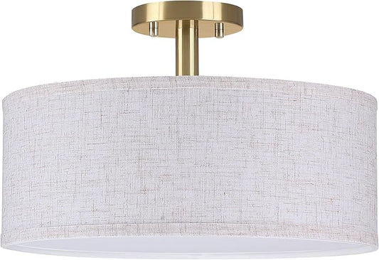 15 Inch Drum Gold 3 Light Semi Flush Mount Close to Ceiling Light Fixture,Linen Fabric Shade for Bedroom,Living Room,Dining Room Hallway