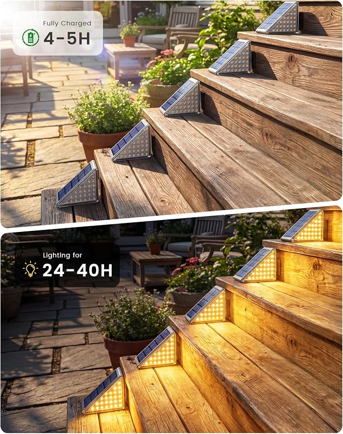 NIORSUN Outdoor Step Lights, Upgraded 28 LEDs 2 Brightness Modes, IP67 Waterproof Solar Stair Lights for Outside Steps, 1200mAh Battery Long Runtime Warm White for Patio Deck Yard Porch, 16 Pack