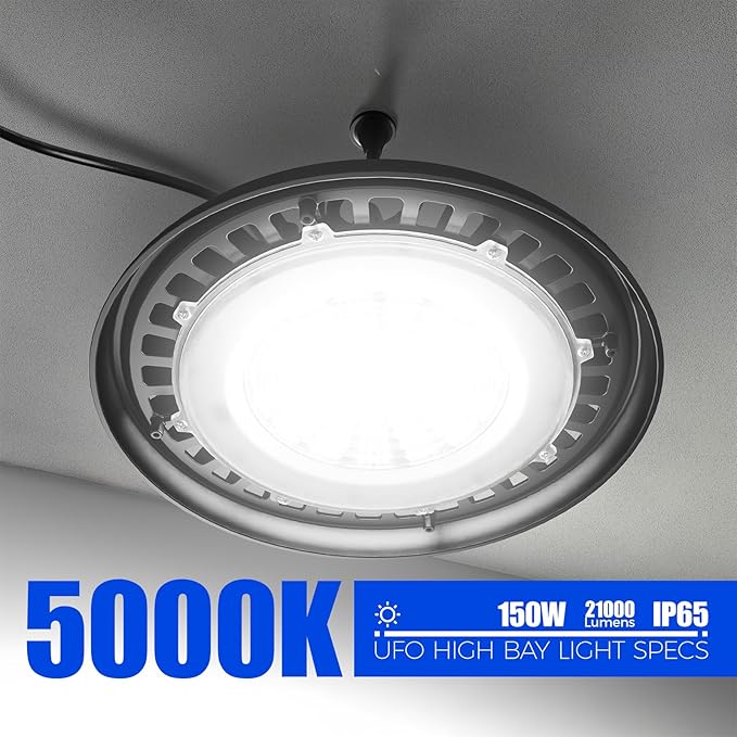 Barrina High Bay LED Shop Lights, 150W, 21000LM, IP65 Waterproof, 5000K, UFO LED high Bay Light for Warehouse with 5.9FT Cable US Plug, Shop Light for Garage barn Factory, 6 Packs, UL Listed