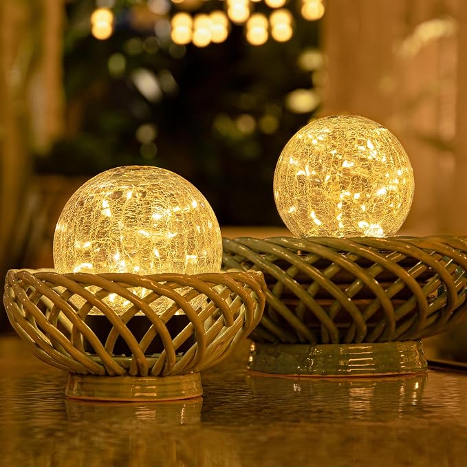 Beautyard Solar Globe Lights Outdoor Large Garden Decor USB Charged 4.72" Diameter 40LED 1000mAh Solar Lights Cracked Glass Globe Solar Power Yard Patio Garden (4.72'' Large 2 Pack Warm White)