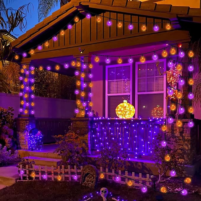 Joomer Orange Purple Halloween Solar String Light,65FT 100LED Crystal Globe | with 8 Lighting Modes,IP65 Waterproof Auto On/Off Solar Powered Lights for Garden Yard Outdoor Halloween Decor