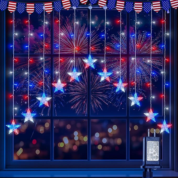 woohaha 4th of July Patriotic Star Icicle Lights,118LED Red White and Blue Curtain Window Lights,Connectable Star String Light Plug in for Independence Day,Garden,Fourth of July Decorations
