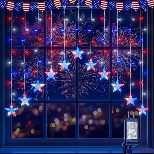 woohaha 4th of July Patriotic Star Icicle Lights,118LED Red White and Blue Curtain Window Lights,Connectable Star String Light Plug in for Independence Day,Garden,Fourth of July Decorations