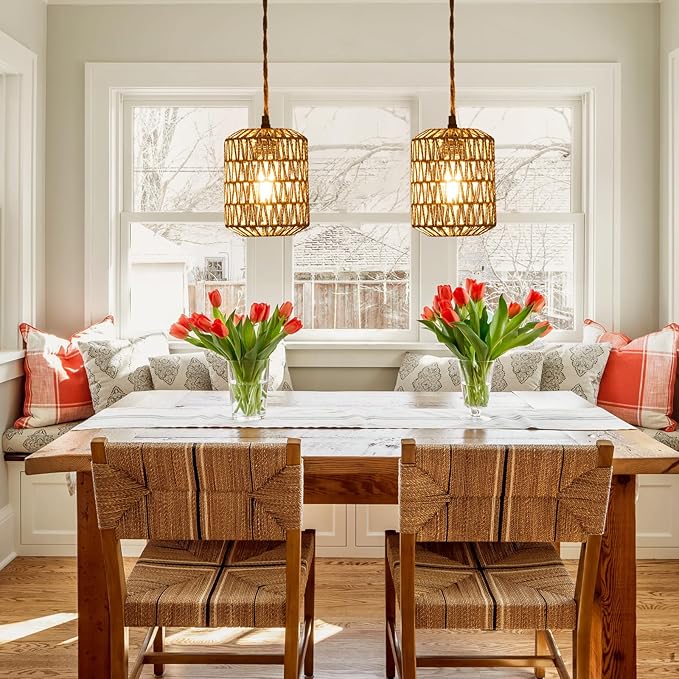 Plug in Pendant Light with 6W LED Bulb Warm Light(3000K) Dimmable Switch Cute Rattan Hanging Lamp Cord 15ft Hand Woven Plug in Chandelier Boho Hanging Lights Fixture for Bedroom Kitchen