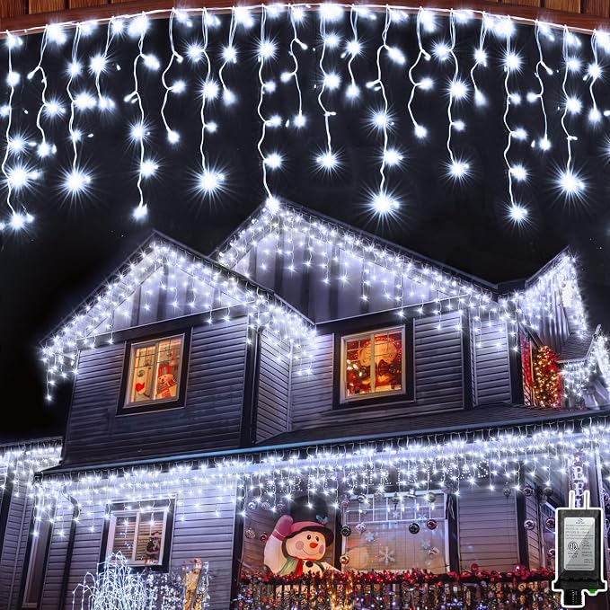 810LED 82ft Christmas Lights, 180Drops 12 Modes Cool White Christmas String Lights Outdoor Dimmable, Waterproof Christmas Decoration Fairy Lights with Timer for Indoor Eaves Party Patio Window Fence