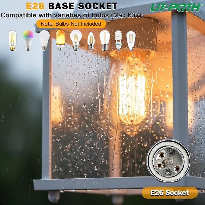 LIT-PaTH Dusk to Dawn Outdoor Wall Lantern, Wall Sconce Waterproof Porch Lighting Fixture, E26 Base, Aluminum Housing with Glass Shade, 1-Pack, White