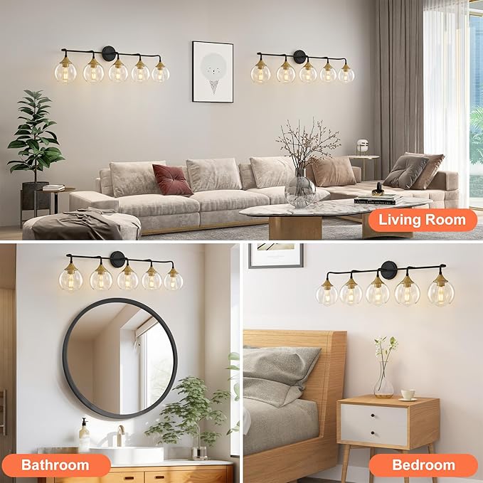 Bathroom Vanity Light with Clear Glass Shade, E26 Base, Vanity Lighting Fixtures Over Mirror, 39 Inch Vanity Lights for Bathroom (Exclude E26 Bulb) (Black and Gold, 5-Lights)