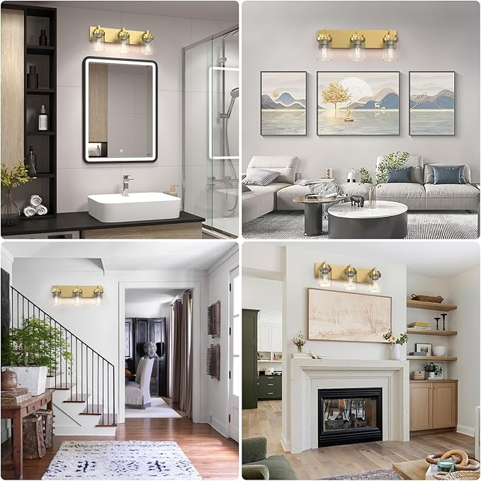 Espird Bathroom Lighting Fixtures, 3-Light Bathroom Vanity Lights Over Mirror, Brass Vanity Light with Glass Shade, Modern Vanity Lighting Fixtures for Bedroom, Hallway