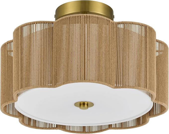 VONLUCE Semi-Flush Mount Boho Ceiling Light, 13.4" 3-Light Rattan Ceiling Light Fixture with 2 Tier Rattan Fabric Petal Shade, Lighting for Bedroom Dining Living Room, Gold Finish, ETL Certificated