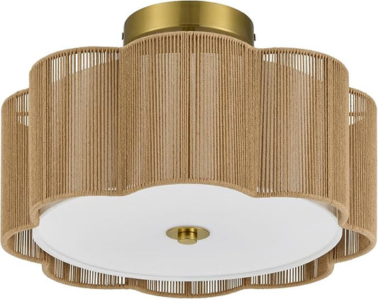 VONLUCE Semi-Flush Mount Boho Ceiling Light, 13.4" 3-Light Rattan Ceiling Light Fixture with 2 Tier Rattan Fabric Petal Shade, Lighting for Bedroom Dining Living Room, Gold Finish, ETL Certificated