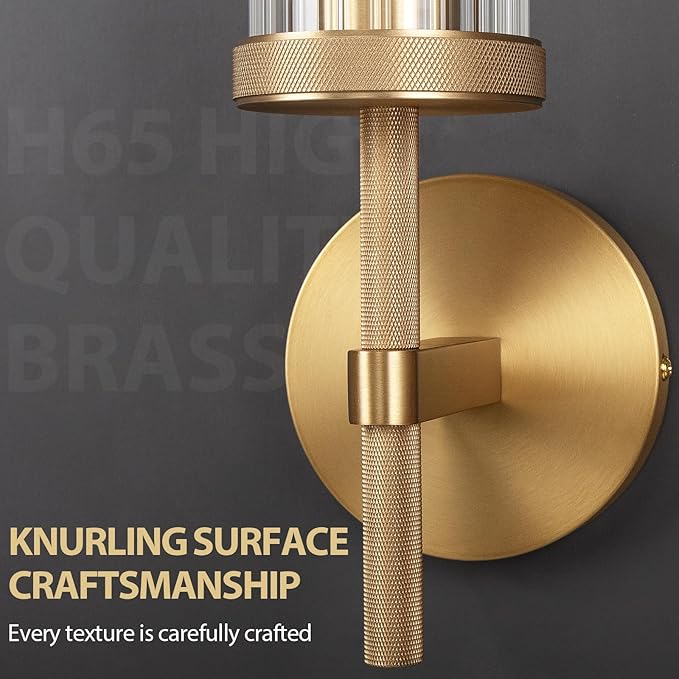 15" Knurled Brass Wall Sconces Set of 2, Gold Bathroom Vanity Light Fixtures with Vertical Striped Glass Tube, Modern Lamp Lighting for Bedroom, Living Room, Hallway, Staircase, Mirror, Kitchen