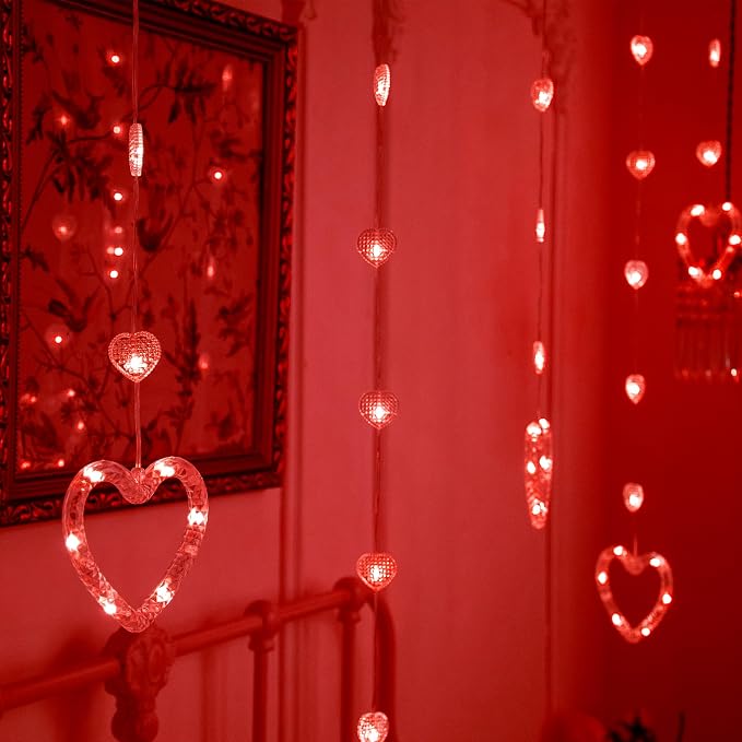 YOLIGHT Heart Curtain Lights, 9.8ft Valentine's Day Window Lights, USB Plug LED Hearts String Lights, Light up Heart Hanging Lights for Valentines Mother's Day Room Decoration (Red)