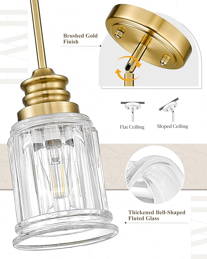 HWH Modern Hanging Pendant Lights, Brushed Gold Pendant Light with Bell-Shaped Fluted Clear Glass, Hanging Light Fixture Adjustable for Kitchen, 5HZG106MIL-L BG