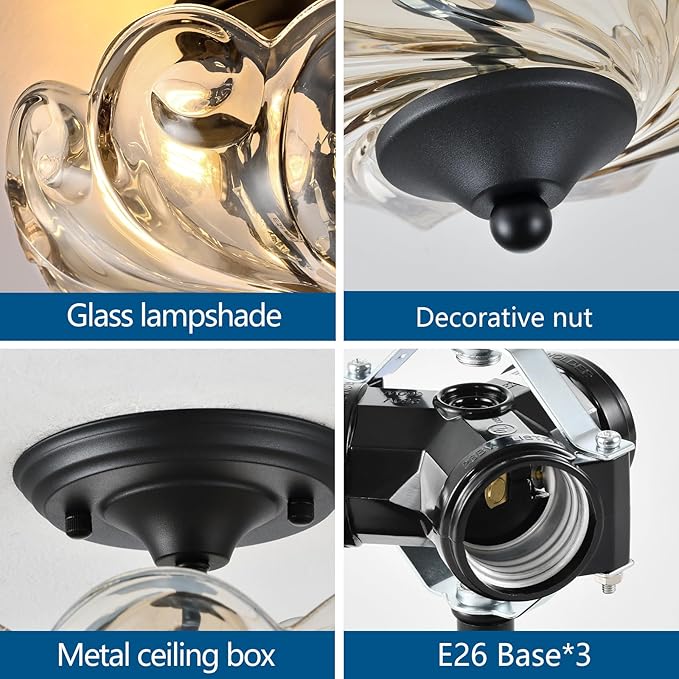 HuixuTe Modern Semi Flush Mount Ceiling Light, 3-Light Black Close to Ceiling Light Fixture with Cognac Glass Shade for Bedroom Living Room Entryway