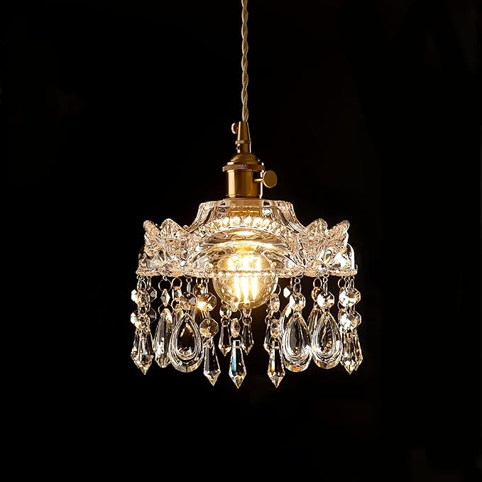 Modern Crystal Pendant Light, Mini Chandelier with Brass Base, Adjustable height,with switch Clear Glass Droplets for Bedroom, Bathroom, Hallway, Kitchen Island, Entryway (2-pack,Hard-wired)