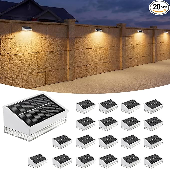NIORSUN Solar Fence Lights 20 Pack, Outdoor Solar Lights with 3 Color Temperatures, IP65 Waterproof Wide-Angle LED Lighting for Fence, Patio, Yard, Deck, Wall, Garden (White)