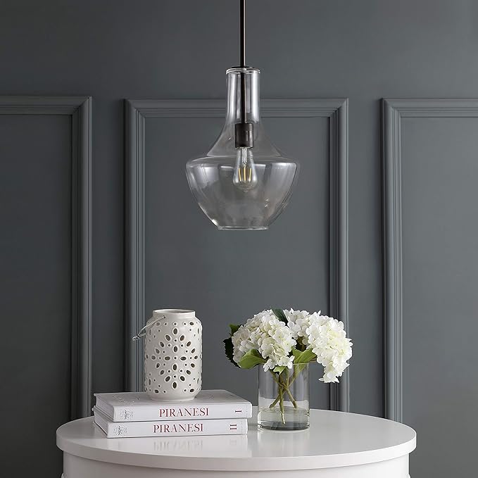 JONATHAN Y 10.5" Oil Rubbed Bronze/Clear Mid-Century Modern 1-Light LED Pendant Light Fixture, Adjustable Schoolhouse Hanging Lamp for Kitchen Island, Clear Glass Shade, LED Bulb Included (JYL6400B)