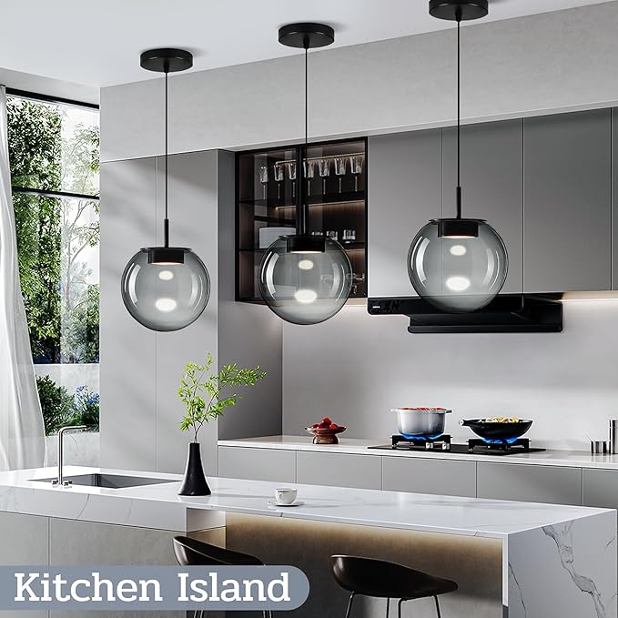 Advanced 3CCT Smoke Glass Pendant Light, Built-in LED Panel for Ultra-Even, Glare-Free Lighting, Modern Design and Stylist Fixture for Kitchen Island, Dining Table and Bedside(7.9in, 2-Pack)