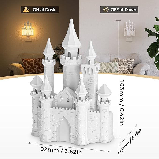 DORESshop Night Lights Plug into Wall,3D Printed Castle Night Light, 3000K Soft White NightLight, 3 Level Brightness Adjustable Dimmable Nightlights with Dusk to Dawn Sensor for Bathroom Hallway
