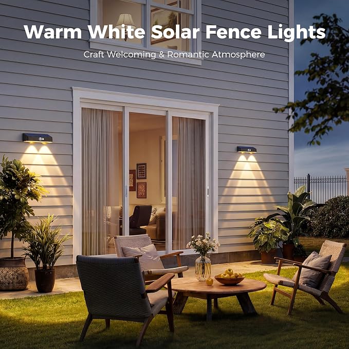 kolpop Warm White Solar Fence Lights Outdoor,Fence Lights Solar Powered with Motion Sensor,IP65 Waterproof,3 Modes LED Solar Lights for Patio,Backyard,Railing,Wall,Nighttime,Party,Pool,4 Pack