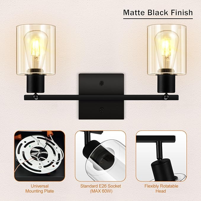 Track Lighting Fixtures Ceiling for Kitchen, Black 2-Light Wall Lights, Modern Led Track Lighting Ceiling with Glass Shade, Rotatable Head, Wall Mount Spotlight for Bathroom Vanity Hallway, E26 Base