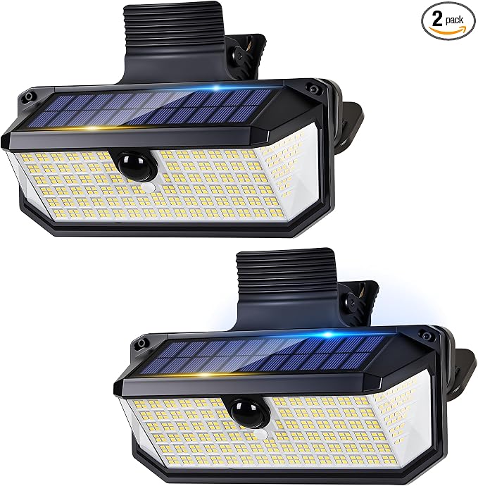 LUHLEE 416 LEDs Clip On Solar Lights Outdoor, 1500LM & 300° Angle Bright Motion Sensor Outdoor Lights with 3 Lighting Modes, IP65 Waterproof Flood Solar Light for Fence, Patio, Backyard, Gutter 2Pack