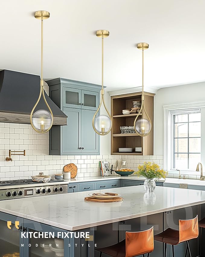 AUTELO Gold Pendant Lights Kitchen Island, 1-Light Hanging Lamp in Brushed Gold Finish with Clear Globe Glass, Mid Century Pendant Lights Kitchen Island, Gold Hanging Lights for Kitchen H9377 CLBG