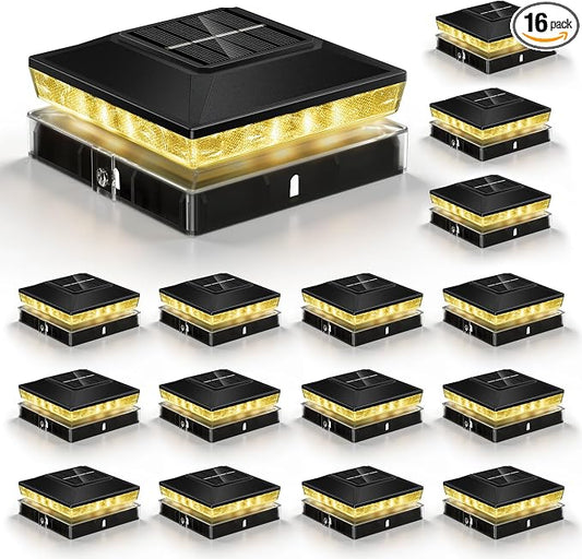 Solar Post Cap Lights 16 Pack, IP65 Waterproof Outdoor Fence Post Solar Lights for 3.5x3.5 & 4x4 Wood/Vinyl Posts, 10-12 Hours Upgraded Warm/Cool White Glow for Garden/Patio/Porch - Black