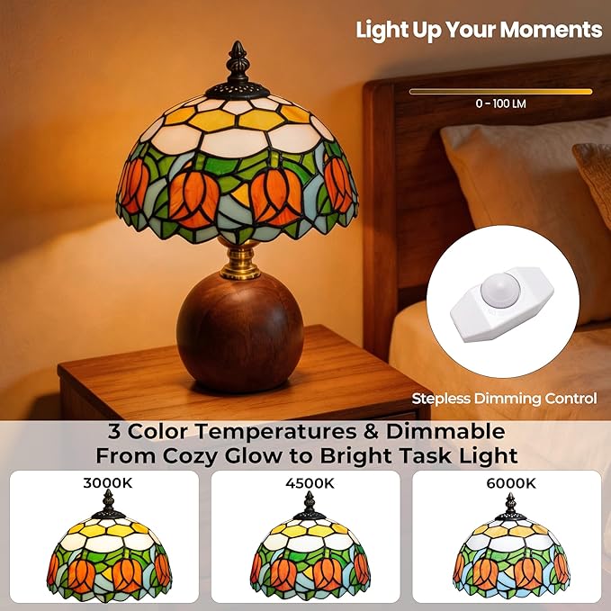 12.2" Tiffany Style Lamp, Handcrafted Stained Glass Table Lamp with Solid Wood Base, 3-Color Dimmable Bedside Lamp for Nightstand & Bedroom, Vintage Aesthetic Accent Light