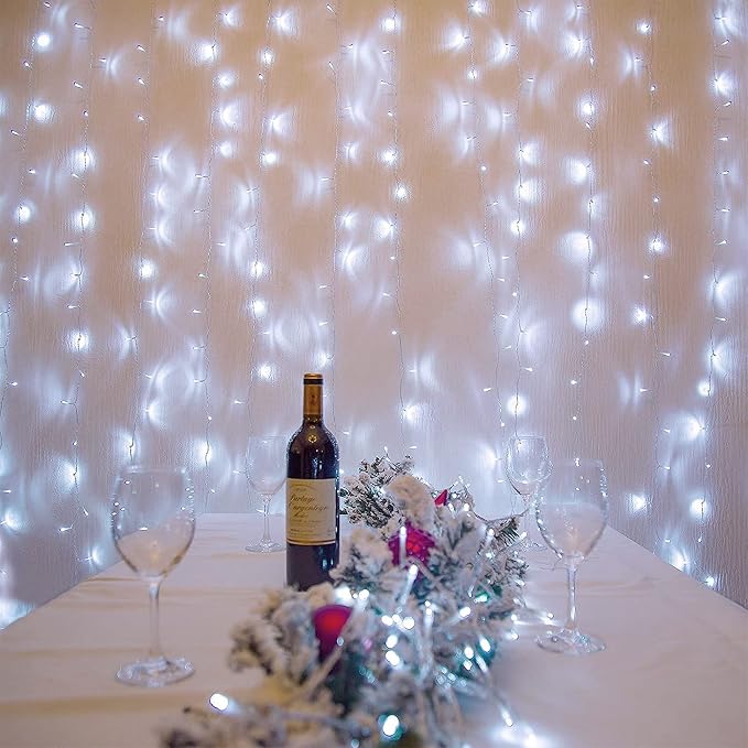 Oopswow 304L Curtain String Lights, 9.8ft x 9.8ft 8 Modes for Bedroom, Hanging Twinkle Fairy Plug-in Window Backdrop for Christmas Party Wedding Outdoor Indoor Wall Decor