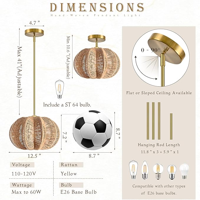 Rattan Pendant Light 12.6 in Hemp Rope Rattan Light Fixture Woven Pendant Wicker Chandelier Boho Chandelier for Hallyway