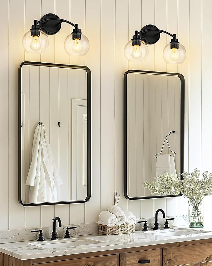 2-Light Vanity Light Fixture Over Mirror,Globe Bathroom Light with Clear Glass,Modern Black Wall Sconce,ZCVL02BK-2