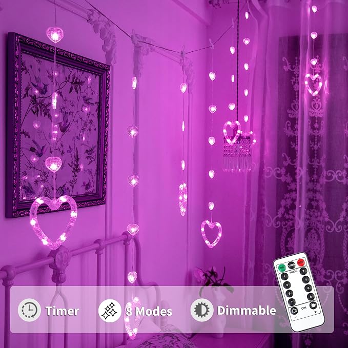 YOLIGHT Heart Curtain Lights, 9.8ft Valentine's Day Decoration, USB sLED Hearts String Lights, Light up Heart Hanging Lights for Valentines Mother's Day Room Decor (Pink)