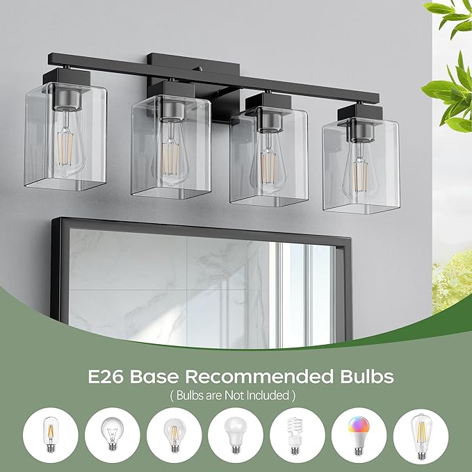 PARTPHONER 4-Light Bathroom Light Fixtures, Matte Black Modern Vanity Lights, Bathroom Lighting Fixtures Over Mirror, Square Design Farmhouse Wall Sconces with Clear Glass Shades