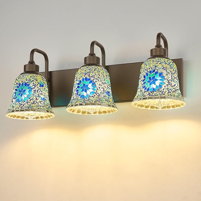 zeyu Bathroom Light Fixtures, 3-Light Bathroom Vanity Light, 22 Inch Modern Wall Sconces with Blue Mosaic Glass, Oil Rubbed Bronze Finish, ZSL72B-3W ORB-BL