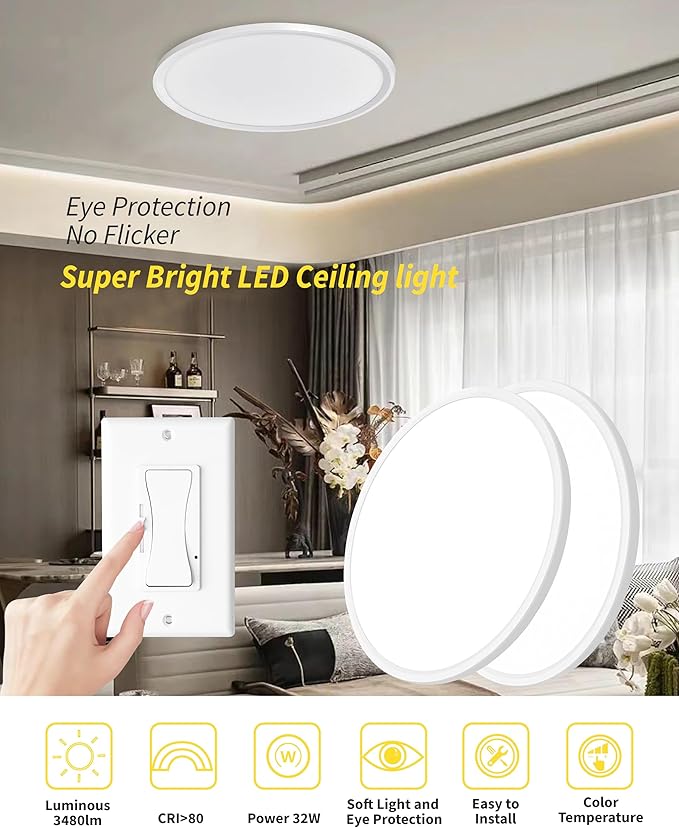 2Pack 16 Inch Dimmable LED Flush Mount Ceiling Light Panel,32W 3480LM,3000K/4000K/6000K CCT Selectable,Ultra Thin Round Black Ceiling Light Fixture for Hallway Kitchen Bedroom Home Office Bathroom